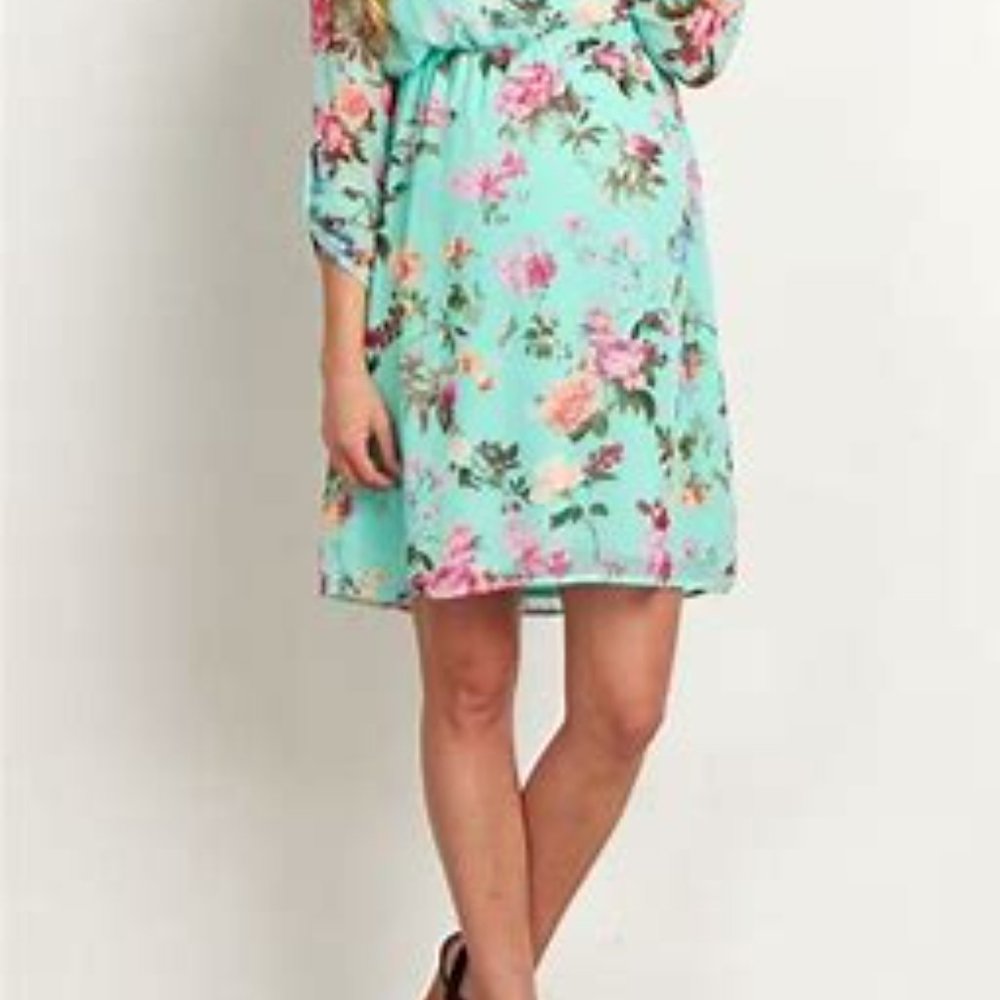 Pink Blush Mint Green Floral Maternity Dress Medium - Gem